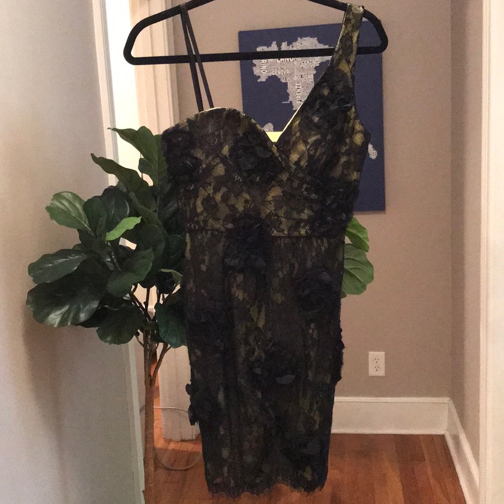 BCBG mini lace dress with neon yellow lining